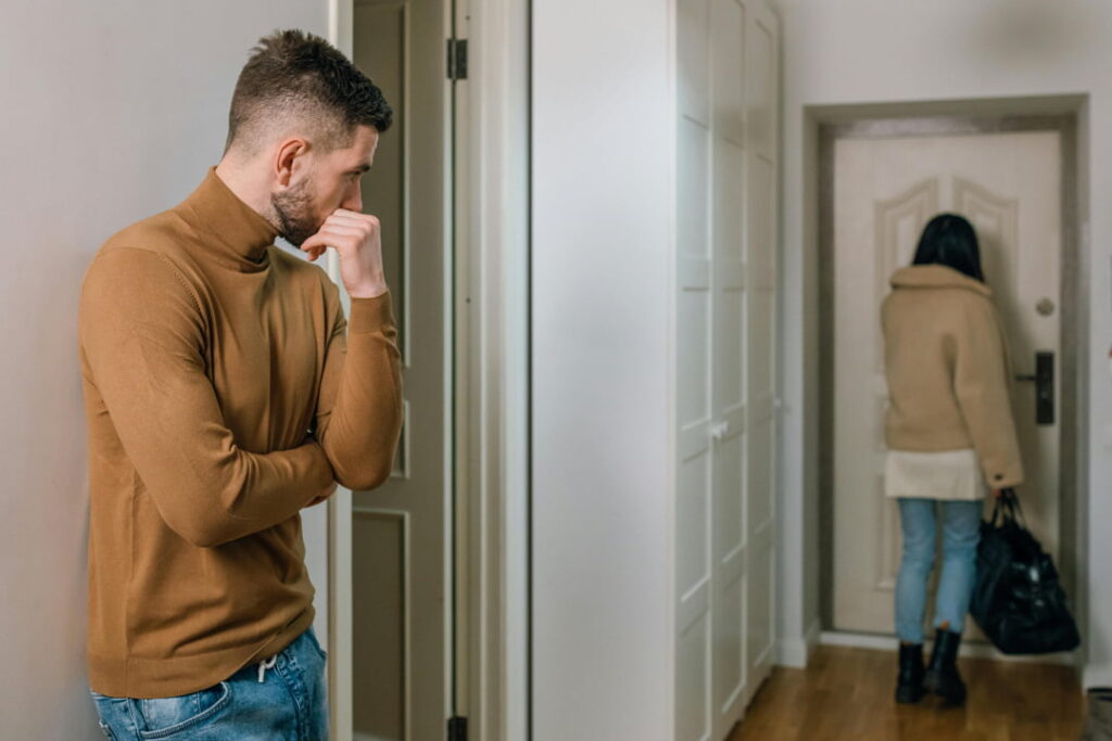 a girl walking out on her boyfriend