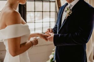 Man putting ring on woman's finger in wedding ceremony